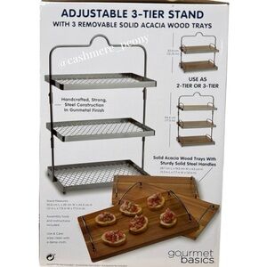 Gourmet Basics Adjustable 3-Tier Stand with Acacia Wood Trays - Silver